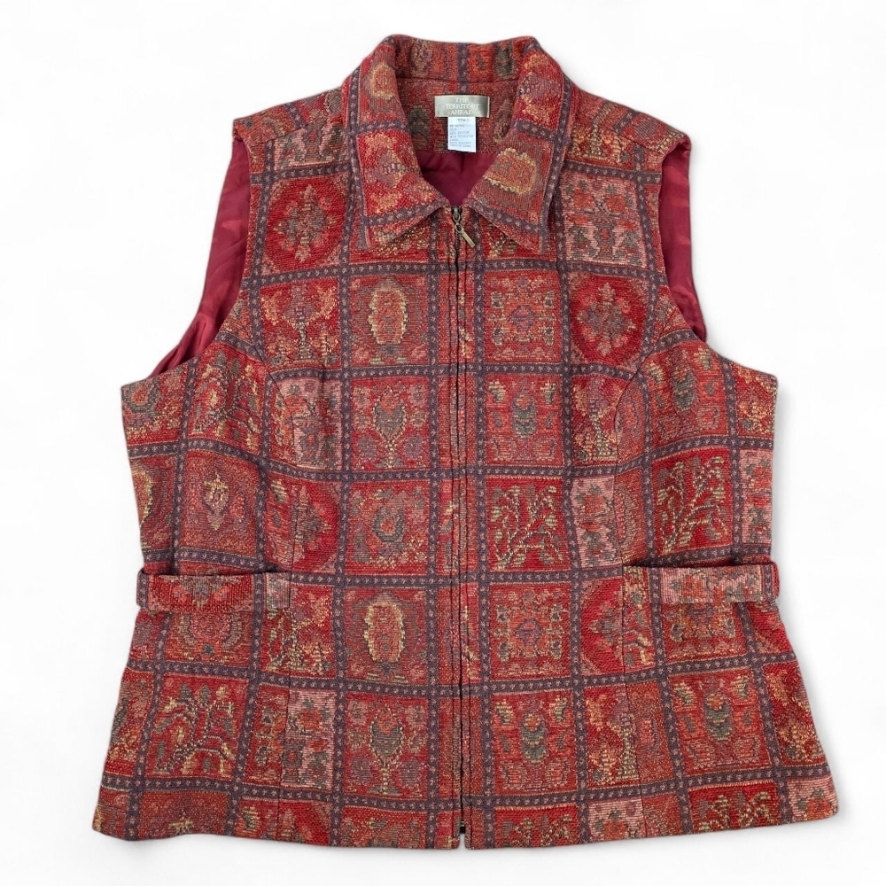 Territory Ahead Tapestry Vest Red Gold Jacquard Zip Front Adjustable 18W Rustic